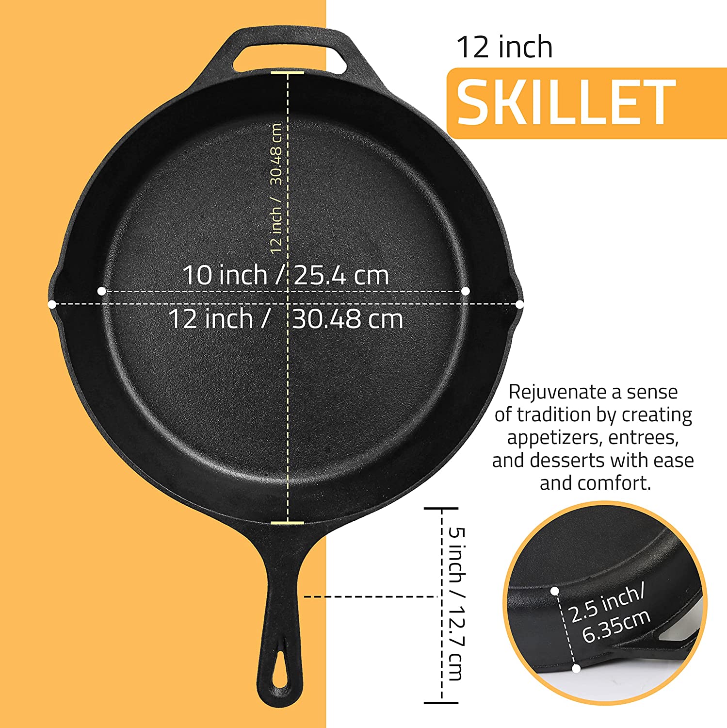 Utopia Kitchen Saute Fry Pan Pre-Seasoned Cast Iron Skillet with Lid - 12 inch Nonstick Frying Pan - Cast Iron Pan - Safe Grill Cookware for Indoor