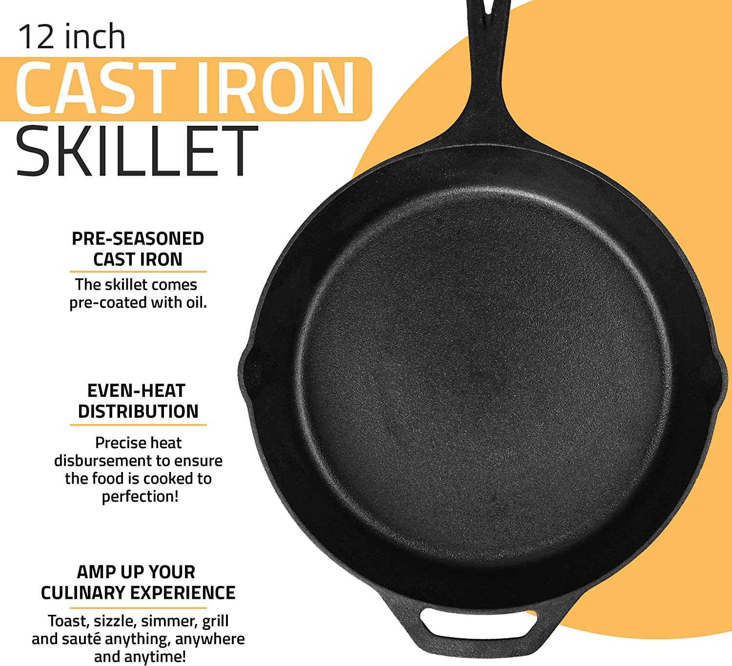 Utopia Kitchen Saute Fry Pan Pre-Seasoned Cast Iron Skillet With Lid - 12  inch Nonstick Frying Pan - Cast Iron Pan - Safe Grill Cookware for indoor 