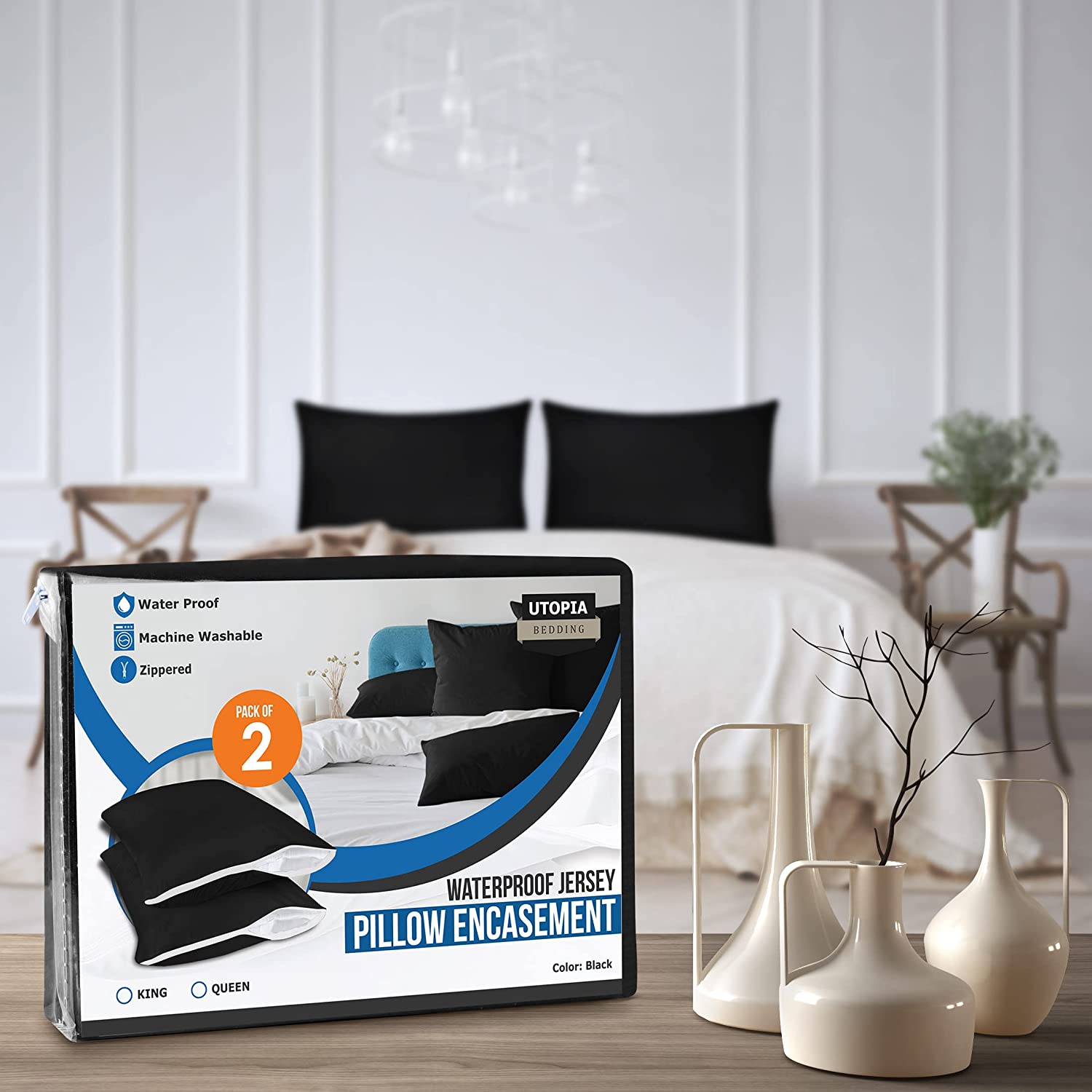 Utopia Bedding Waterproof Zippered Pillow Encasement (2 Pack) King Black -  Bed Bug Proof Pillow Encasement 20 x 38 Inches