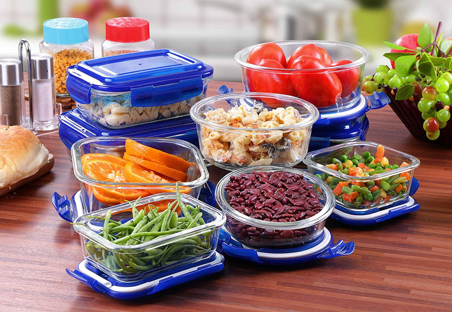 Utopia Kitchen Glass Food Storage Container Set - 18 Pieces (9 Containers  and 9 Lids) - Transparent Lids - BPA Free (Blue, 18 Piece Set)