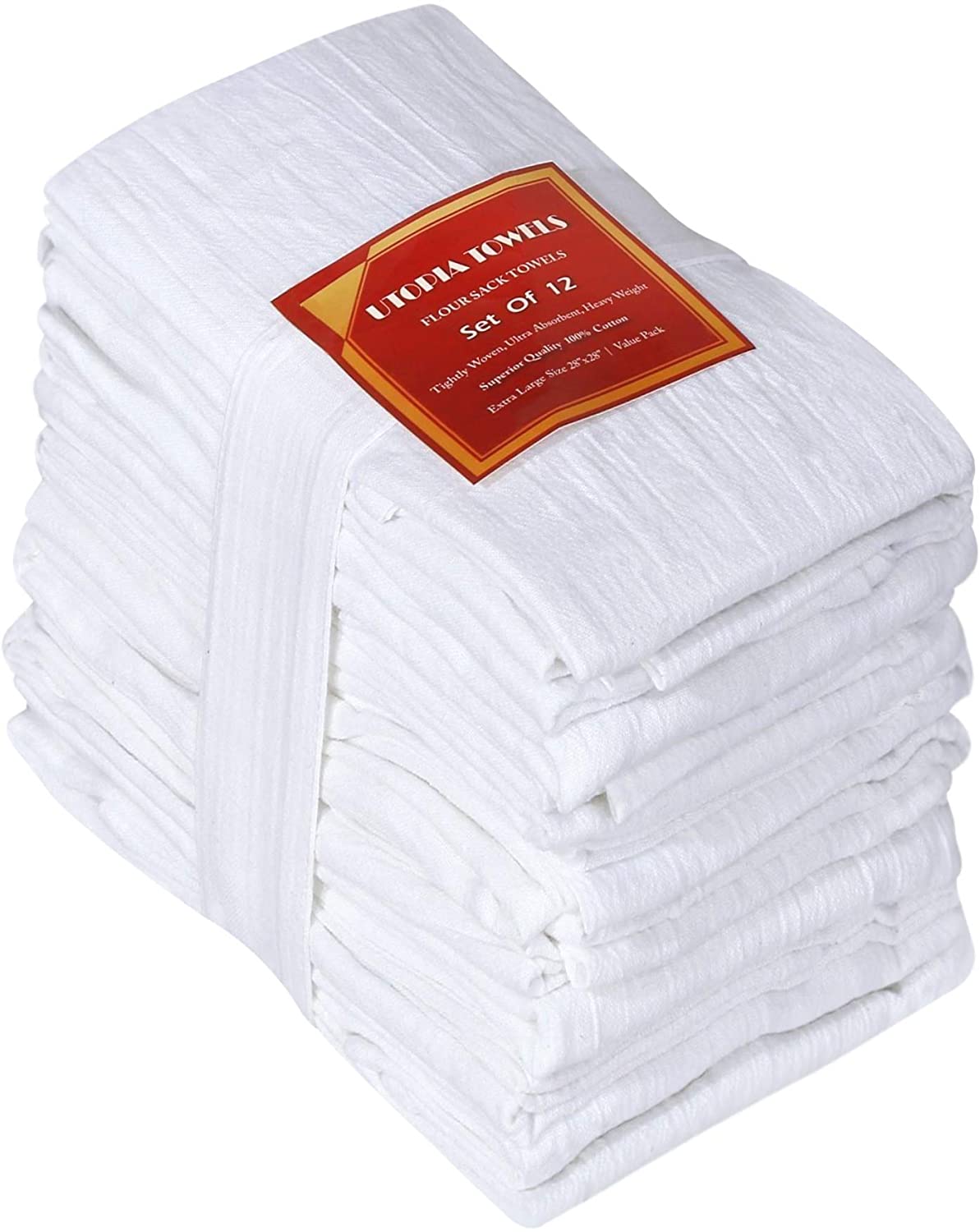 Sticky Toffee Cotton Kitchen Flour Sack Dish Towels, 6 Pack, 28 in x 29 in, Wrinkle Finish, White , White